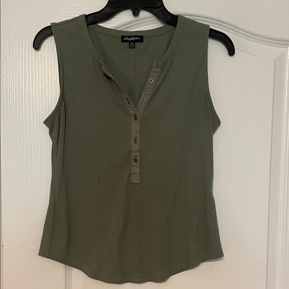 Flag & Anthem Olive Ribbed Henley Tank Top
